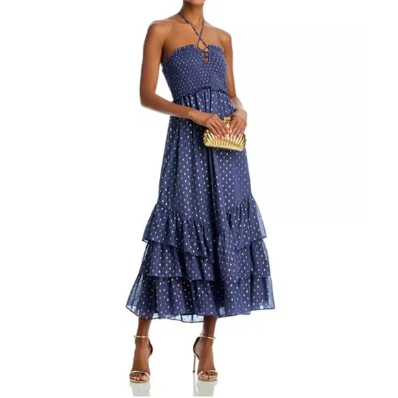 Aqua | Dresses | Aqua Smocked Halter Midi Dress Gold Dot Tiered Ruffle  Party Dress S | Poshmark